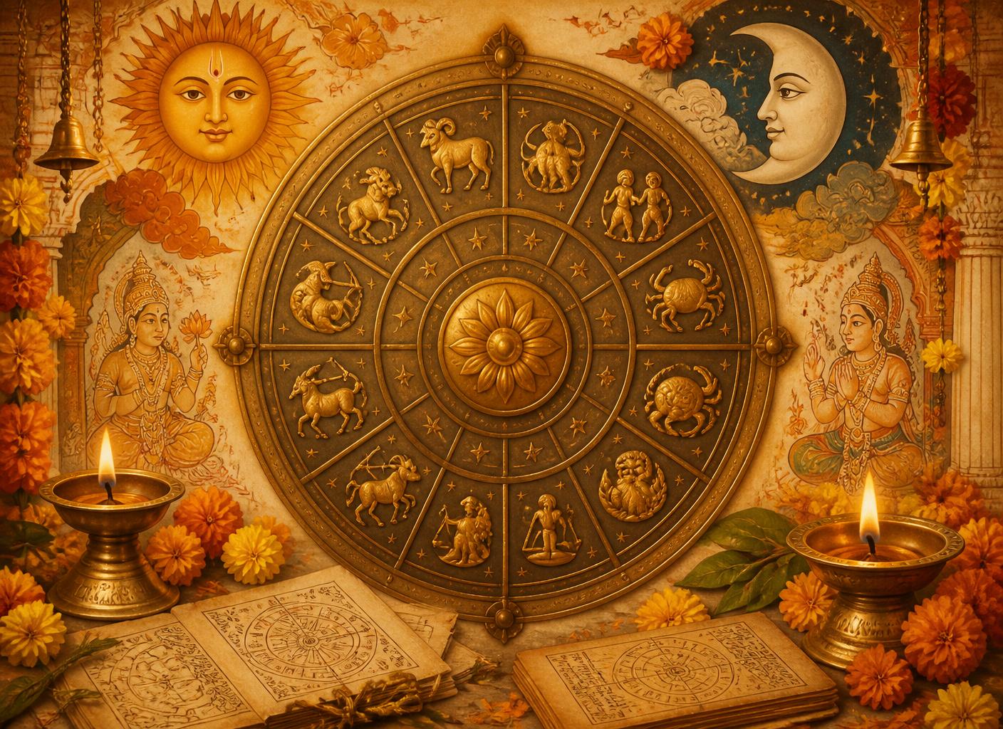 Brass Vedic astrology wheel with zodiac symbols, diyas and marigold flowers
